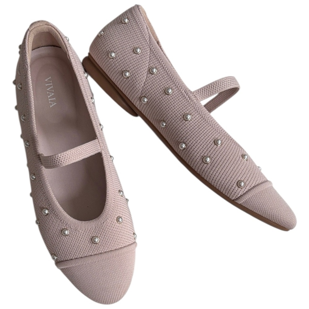 Vivaia Pearl-Studded Mary Jane Flats in Blush